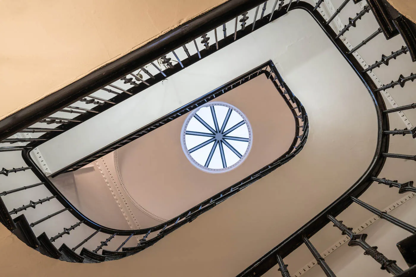 Looking up the restored Georgian spiral staircase to the cupola at The Row, Edinburgh