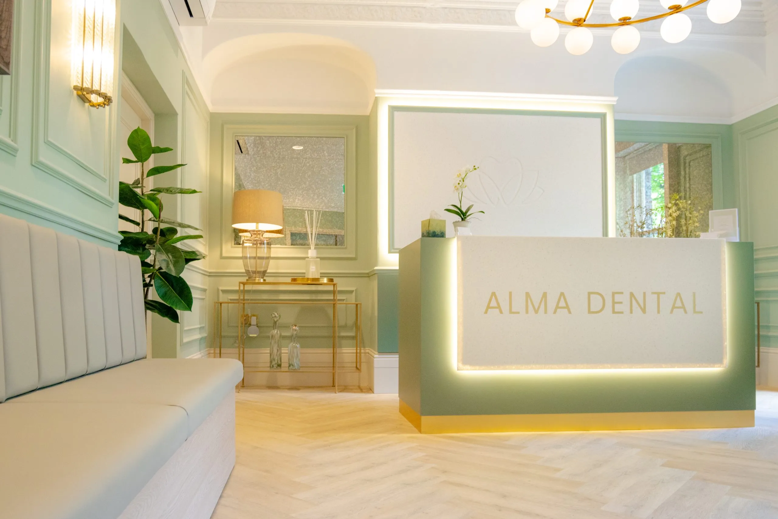 Panelled reception area with feature lighting at Alma Dental, a full dental practice refurbishment