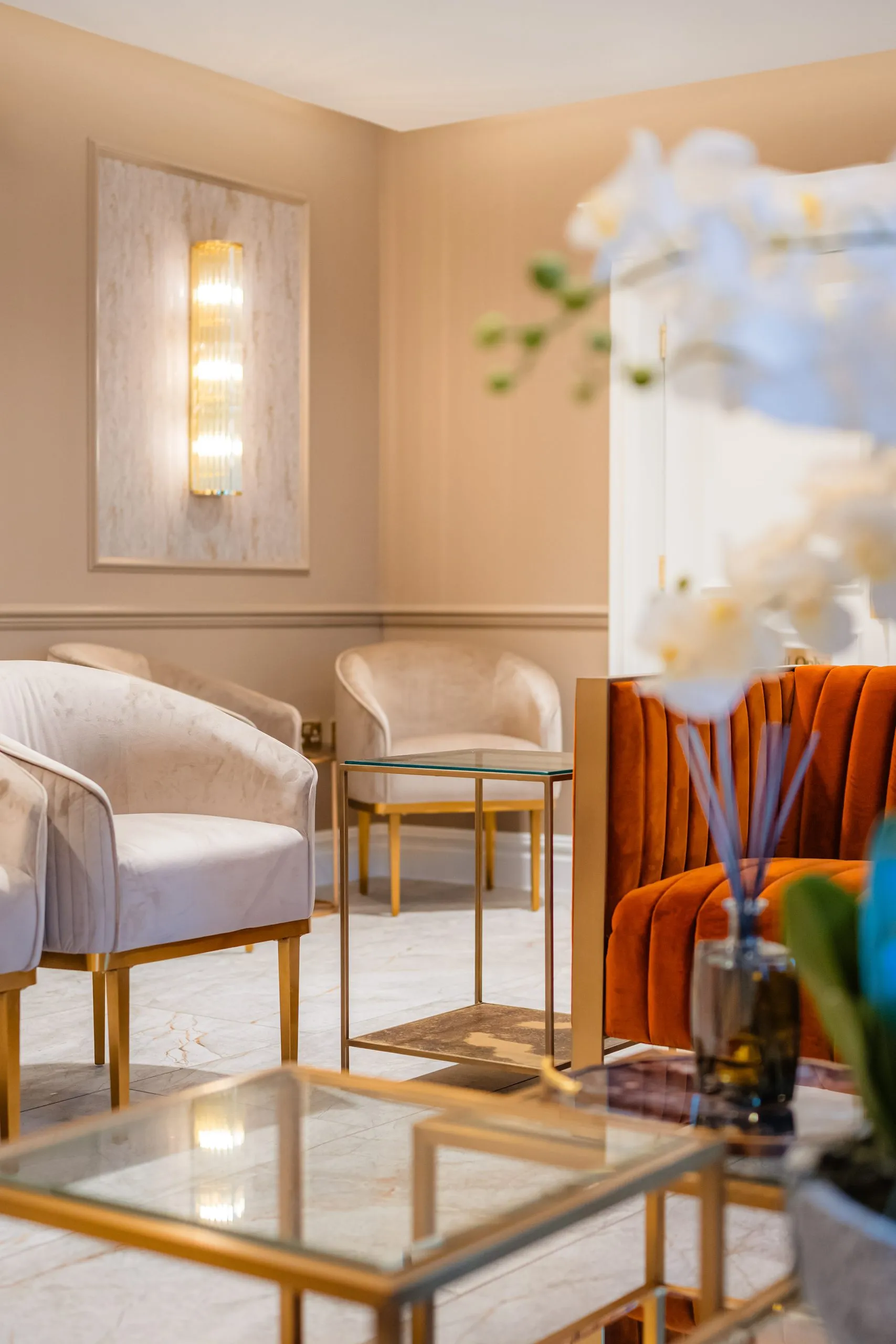 Velvet armchairs and brass detailing in the waiting area at Bromsgrove Dental Specialists