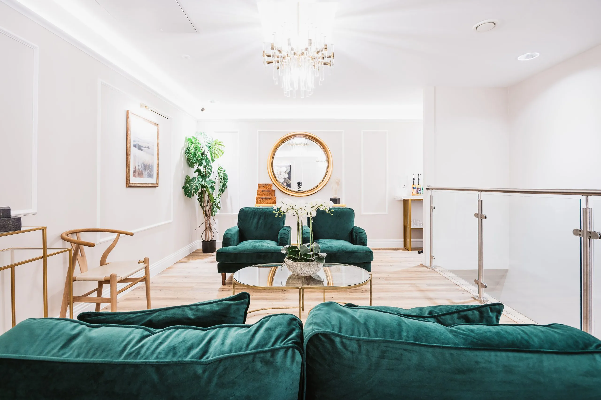 First-floor patient lounge with green seating at Bright Orthodontics, Liverpool