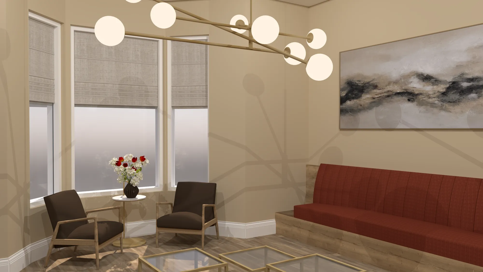Design visual of the bay-window seating area at Westmount Dental, Jarrow