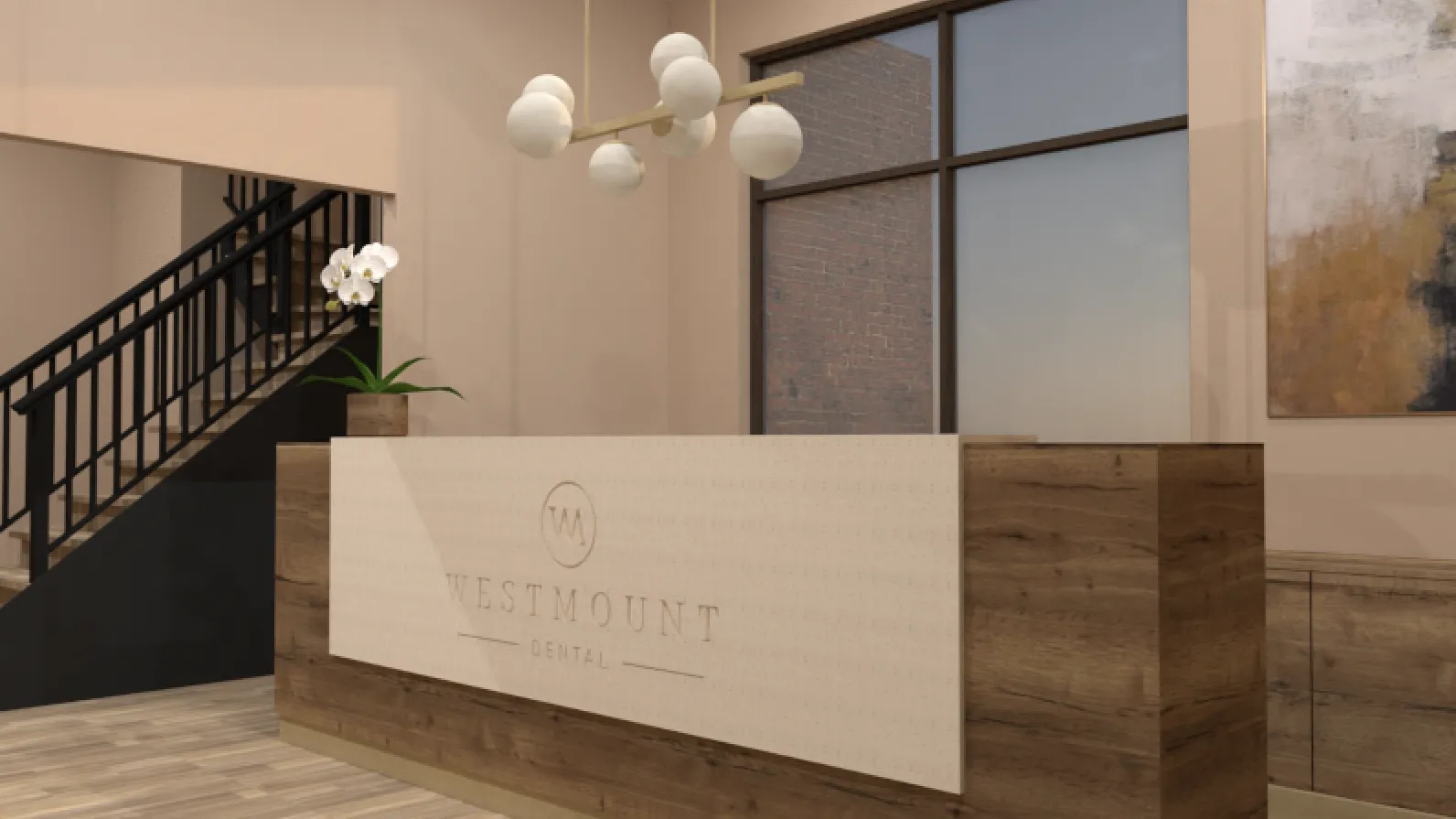 Design visual of the reception desk at Westmount Dental, Sunderland